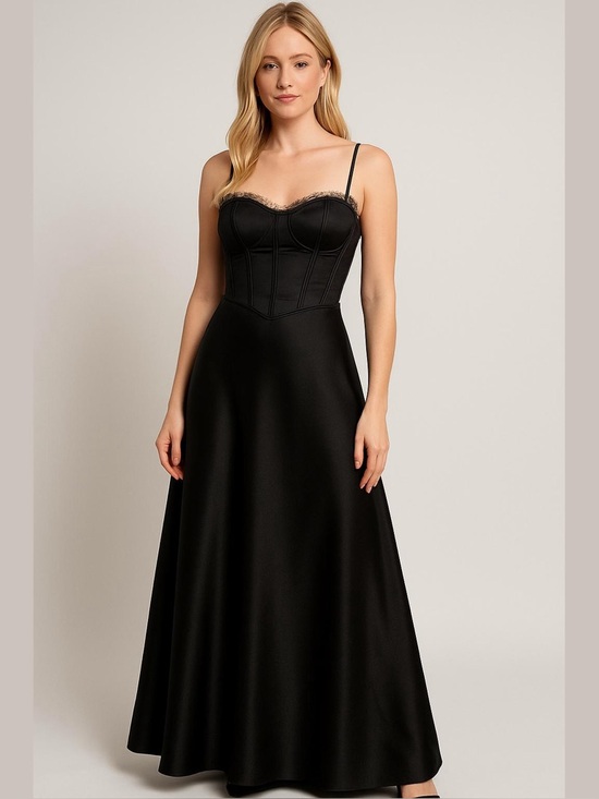 White House Black Market Dresses & Skirts - White House Black Market Black Satin Corset Maxi Dress Lace Trim Size 6